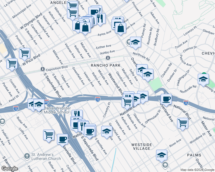 map of restaurants, bars, coffee shops, grocery stores, and more near 2735 Midvale Avenue in Los Angeles