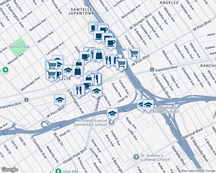 map of restaurants, bars, coffee shops, grocery stores, and more near 11460 Gateway Boulevard in Los Angeles