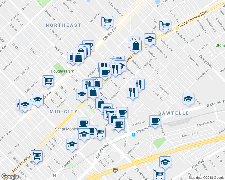 map of restaurants, bars, coffee shops, grocery stores, and more near 1452 Harvard Street in Santa Monica