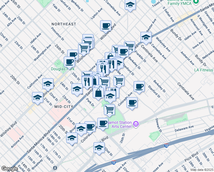 map of restaurants, bars, coffee shops, grocery stores, and more near 1420 Princeton Street in Santa Monica