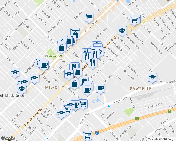 map of restaurants, bars, coffee shops, grocery stores, and more near 1420 Princeton Street in Santa Monica