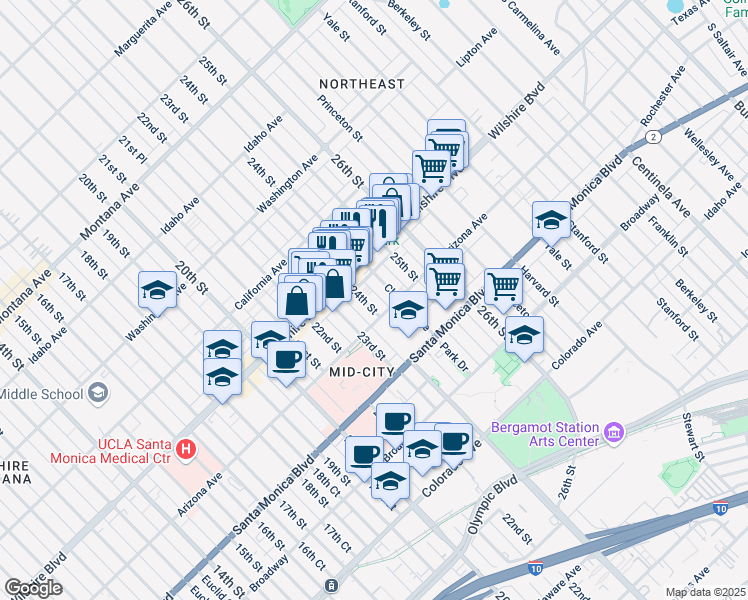 map of restaurants, bars, coffee shops, grocery stores, and more near 1231 24th Street in Santa Monica