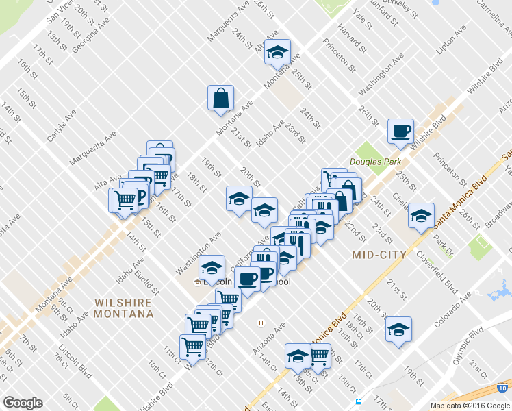 map of restaurants, bars, coffee shops, grocery stores, and more near 1922 Washington Avenue in Santa Monica