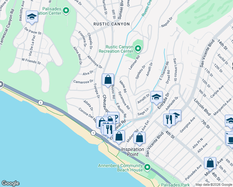 map of restaurants, bars, coffee shops, grocery stores, and more near 462 East Rustic Road in Santa Monica