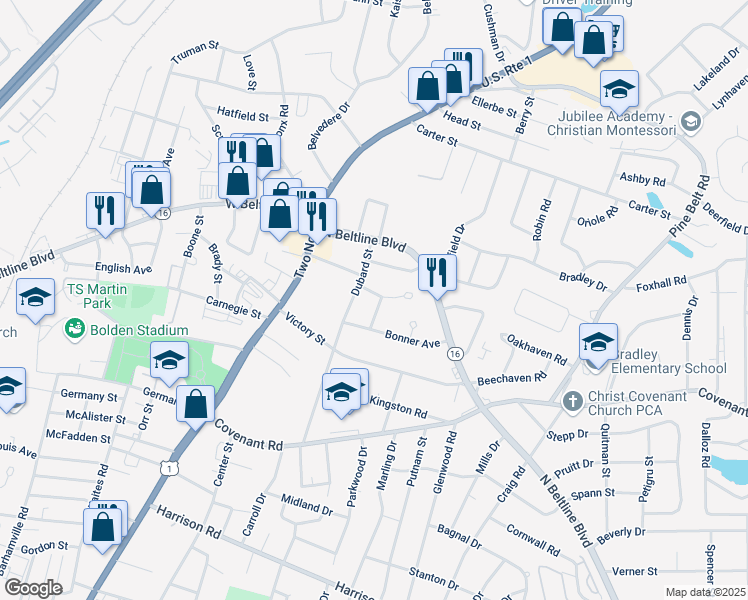 map of restaurants, bars, coffee shops, grocery stores, and more near 2857 Lucille Drive in Columbia