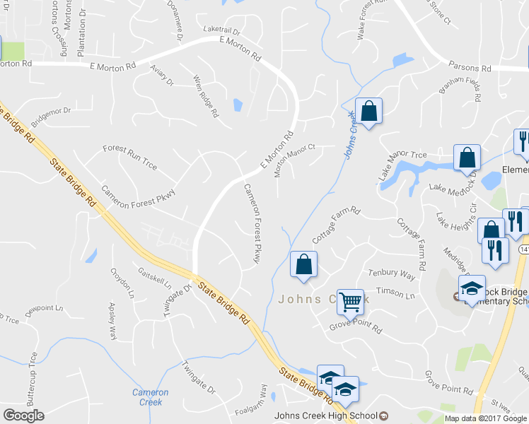map of restaurants, bars, coffee shops, grocery stores, and more near 5415 Cameron Forest Parkway in Alpharetta