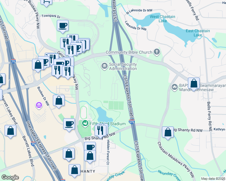 map of restaurants, bars, coffee shops, grocery stores, and more near 3331 Chastain Gardens Drive Northwest in Kennesaw