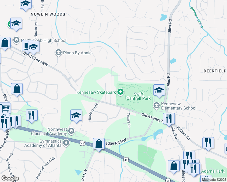 map of restaurants, bars, coffee shops, grocery stores, and more near 3260 Kimberly Road Northwest in Kennesaw