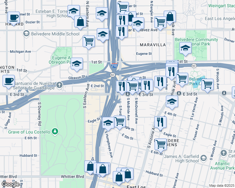 map of restaurants, bars, coffee shops, grocery stores, and more near Long Beach Freeway in East Los Angeles