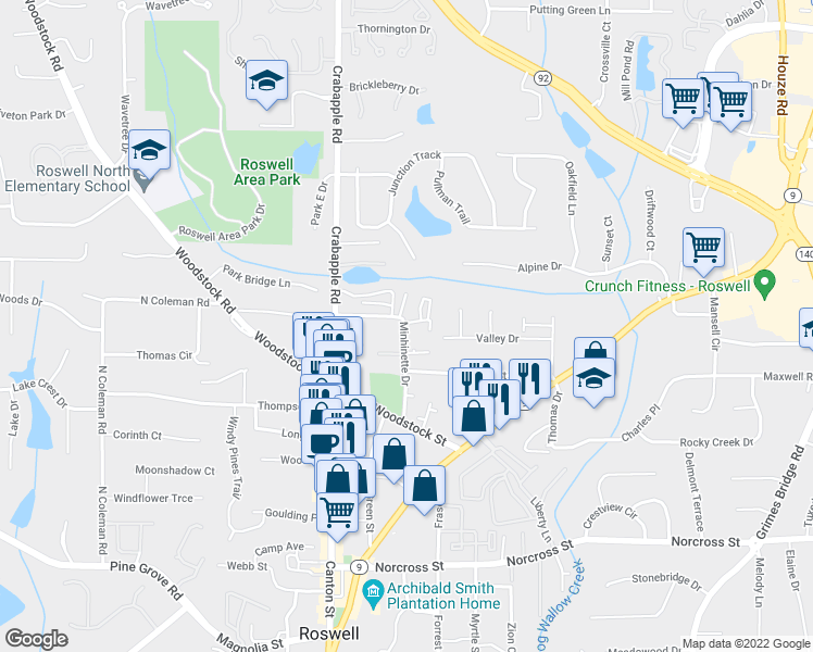 map of restaurants, bars, coffee shops, grocery stores, and more near 1291 Minhinette Dr in Roswell