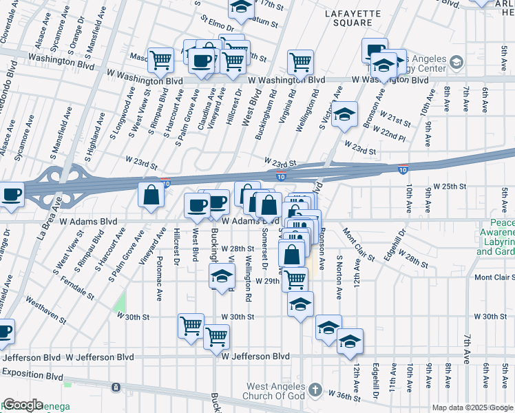 map of restaurants, bars, coffee shops, grocery stores, and more near 2513 Wellington Road in Los Angeles