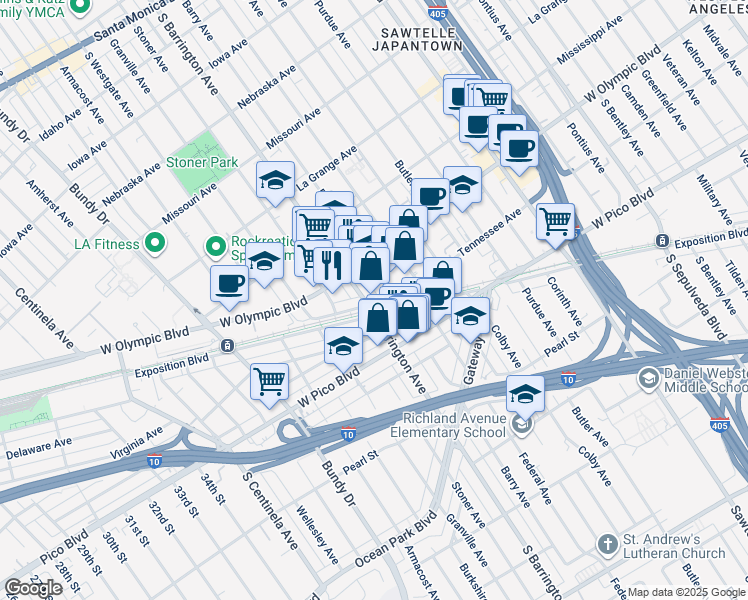 map of restaurants, bars, coffee shops, grocery stores, and more near 2251 Barry Avenue in Los Angeles