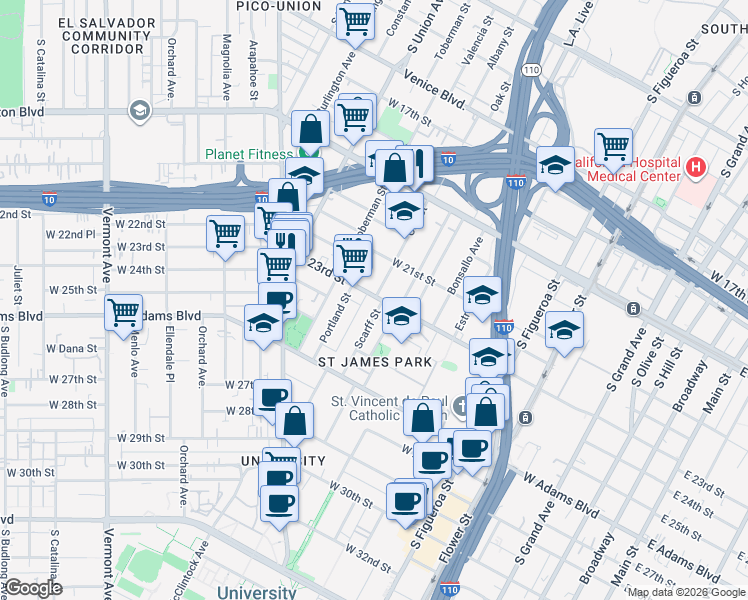 map of restaurants, bars, coffee shops, grocery stores, and more near 910 West 23rd Street in Los Angeles