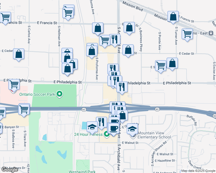 map of restaurants, bars, coffee shops, grocery stores, and more near 2580 East Philadelphia Street in Ontario