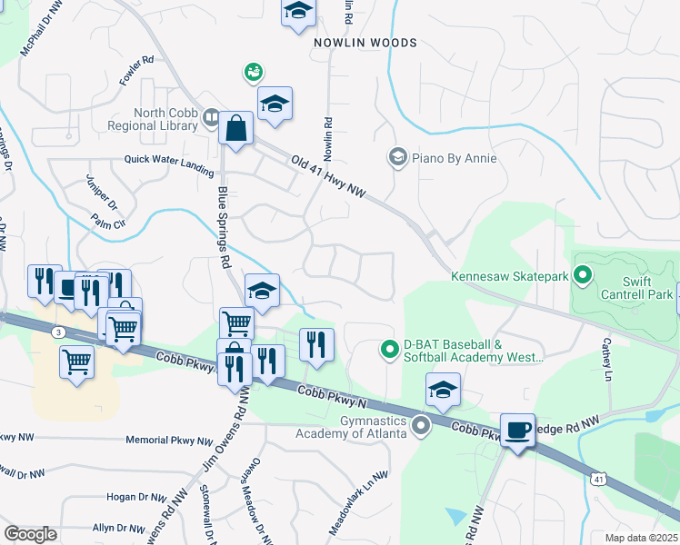 map of restaurants, bars, coffee shops, grocery stores, and more near 3007 Liberty Hill Way Northwest in Kennesaw