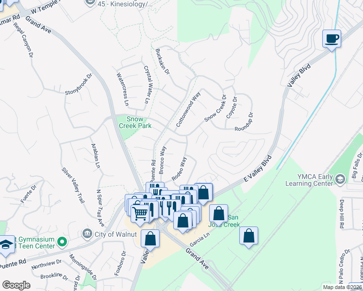 map of restaurants, bars, coffee shops, grocery stores, and more near 21734 Lasso Lane in Walnut