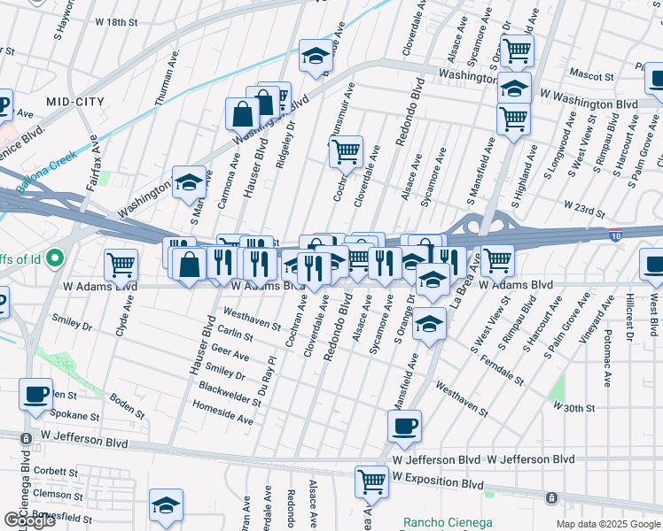 map of restaurants, bars, coffee shops, grocery stores, and more near 2527 South Cloverdale Avenue in Los Angeles