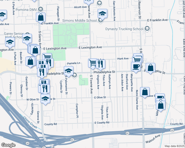 map of restaurants, bars, coffee shops, grocery stores, and more near 804 Philadelphia Street in Pomona