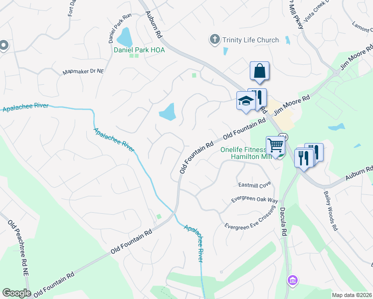 map of restaurants, bars, coffee shops, grocery stores, and more near 1325 Wilkes Crest Drive Northeast in Dacula