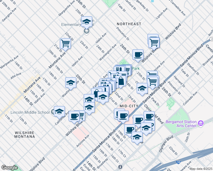 map of restaurants, bars, coffee shops, grocery stores, and more near 1130 22nd Street in Santa Monica