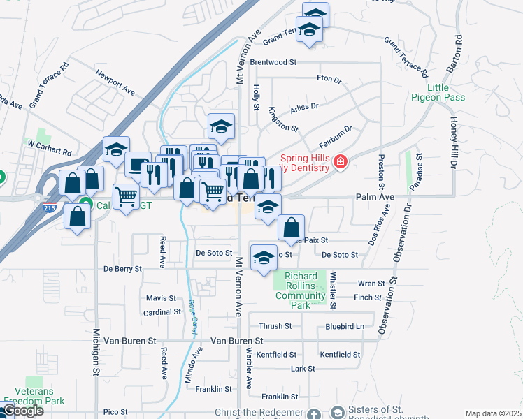 map of restaurants, bars, coffee shops, grocery stores, and more near 22545 Barton Road in Grand Terrace