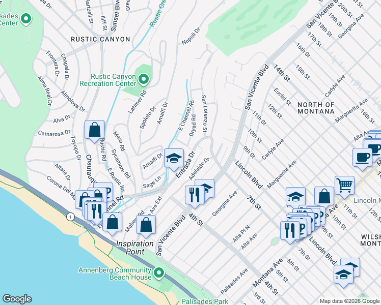 map of restaurants, bars, coffee shops, grocery stores, and more near 14100 Attilla Road in Santa Monica