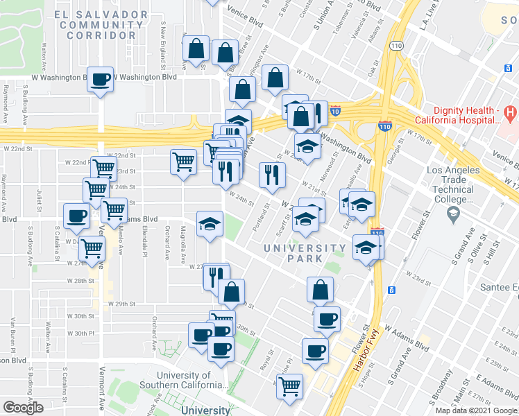 map of restaurants, bars, coffee shops, grocery stores, and more near 2325 Portland Street in Los Angeles