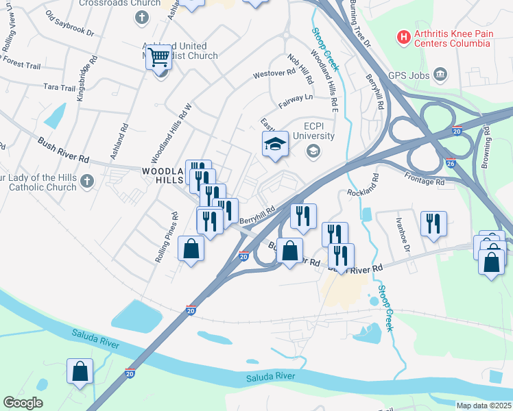 map of restaurants, bars, coffee shops, grocery stores, and more near 101 Executive Center Drive in Columbia