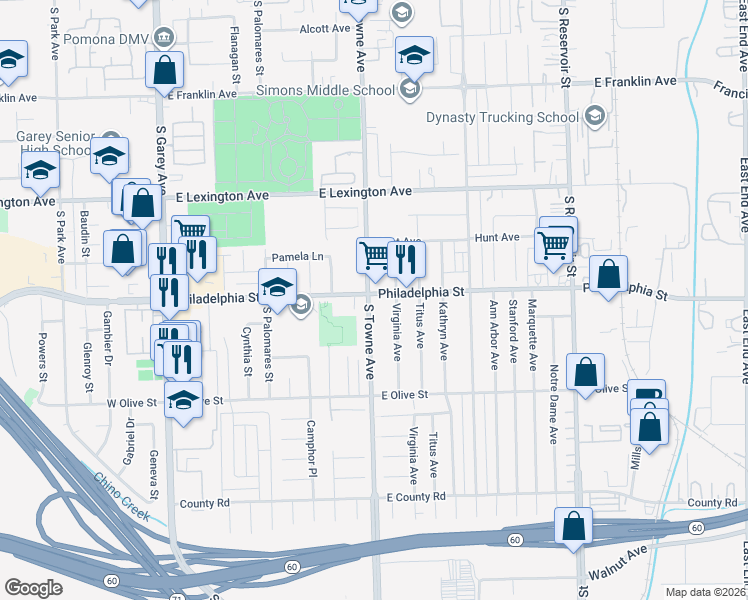 map of restaurants, bars, coffee shops, grocery stores, and more near 804 Philadelphia Street in Pomona
