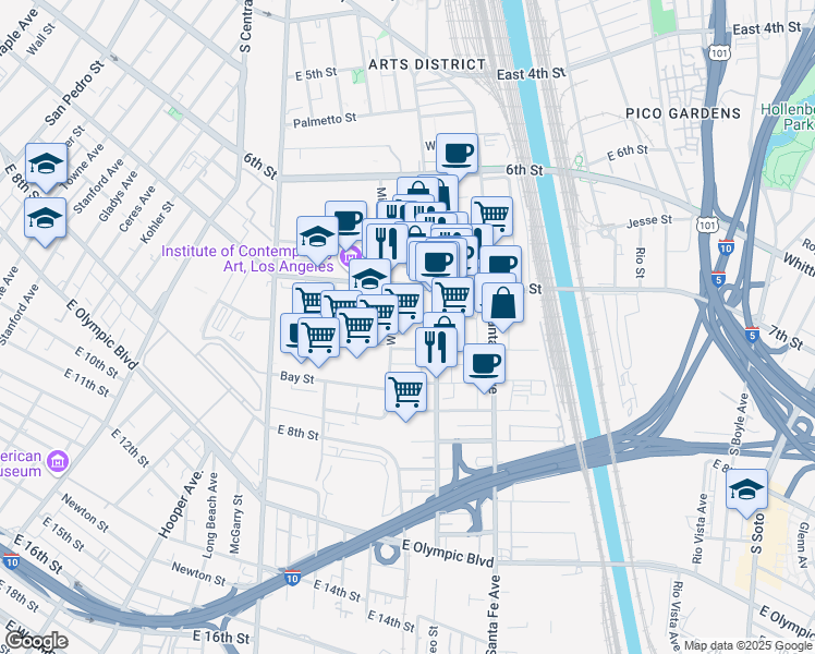 map of restaurants, bars, coffee shops, grocery stores, and more near 1926 East 7th Place in Los Angeles