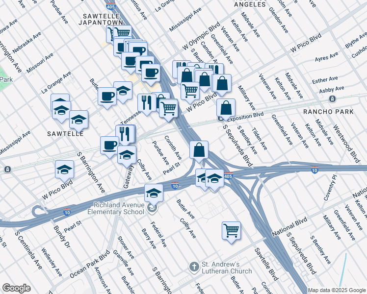 map of restaurants, bars, coffee shops, grocery stores, and more near 2477 Sawtelle Boulevard in Los Angeles