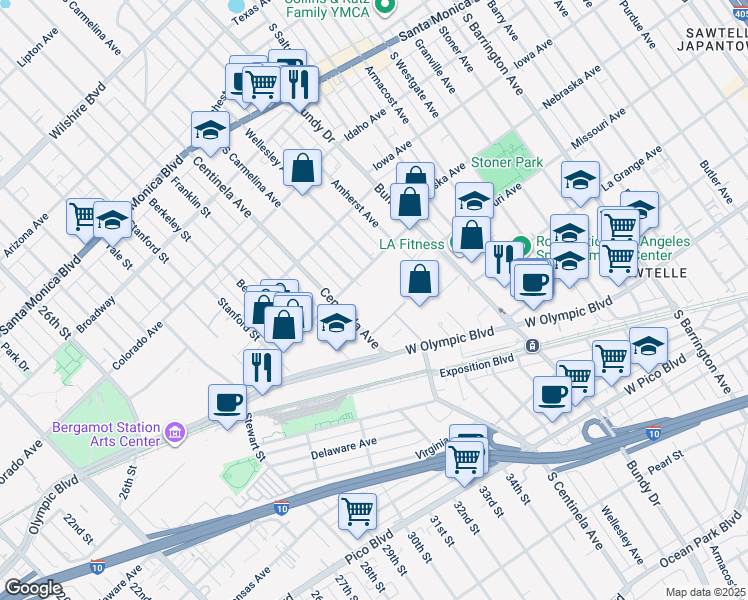 map of restaurants, bars, coffee shops, grocery stores, and more near 1840 South Centinela Avenue in Los Angeles