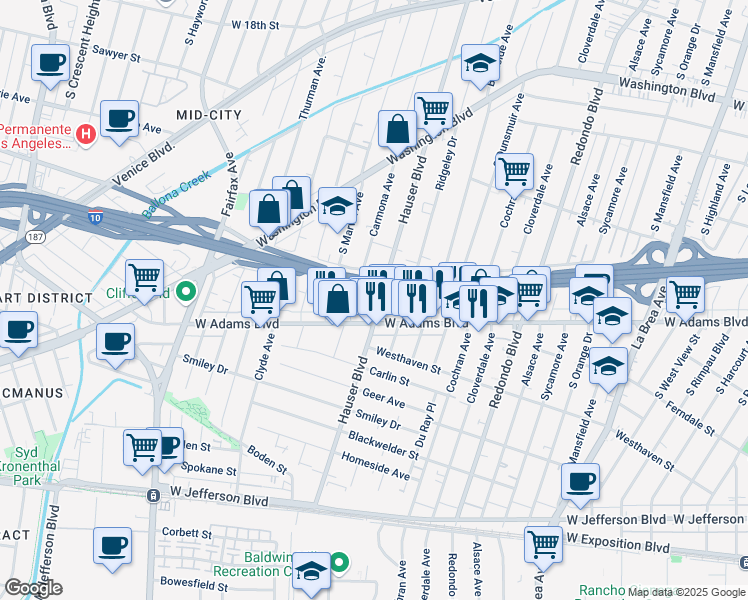 map of restaurants, bars, coffee shops, grocery stores, and more near 2520 Hauser Boulevard in Los Angeles