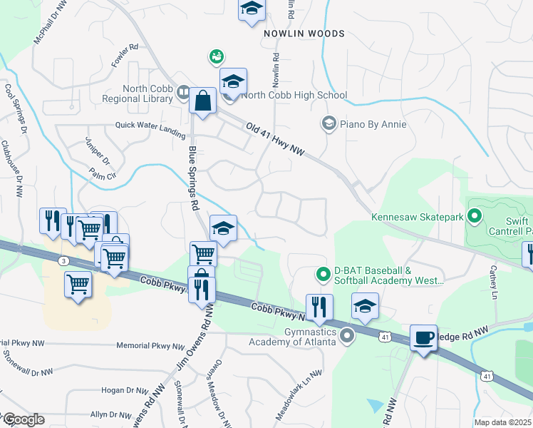 map of restaurants, bars, coffee shops, grocery stores, and more near 3256 Liberty Commons Drive Northwest in Kennesaw