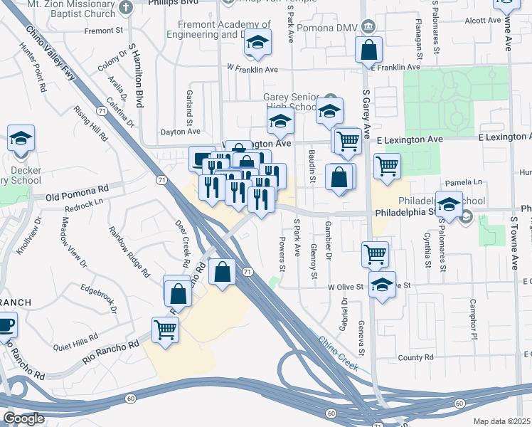 map of restaurants, bars, coffee shops, grocery stores, and more near 25 Rio Rancho Road in Pomona