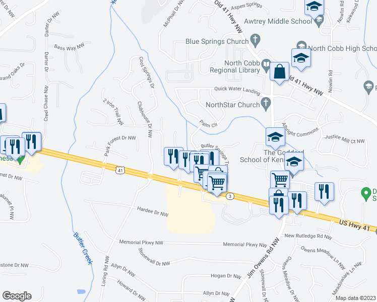 map of restaurants, bars, coffee shops, grocery stores, and more near 3556 Butler Springs Trace in Kennesaw