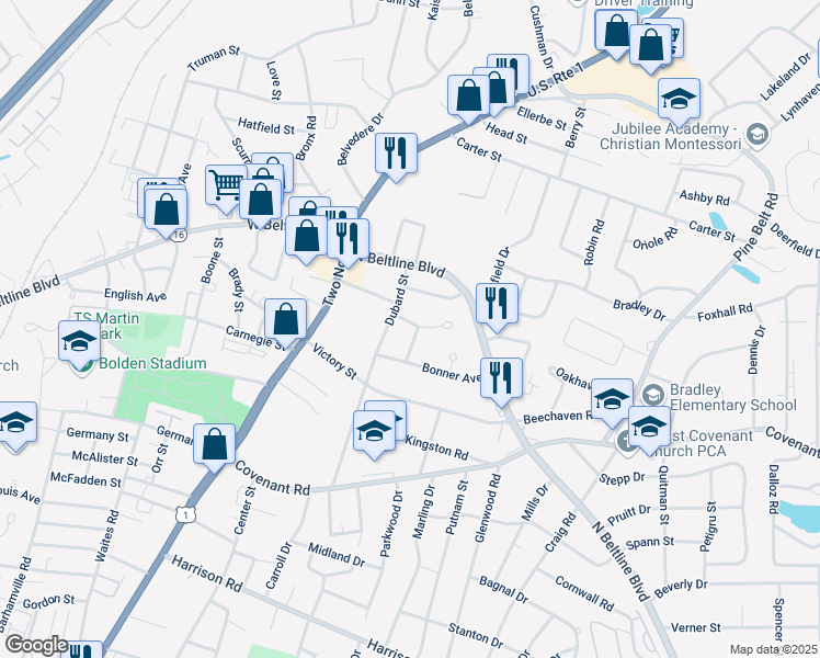 map of restaurants, bars, coffee shops, grocery stores, and more near 2857 Lucille Drive in Columbia