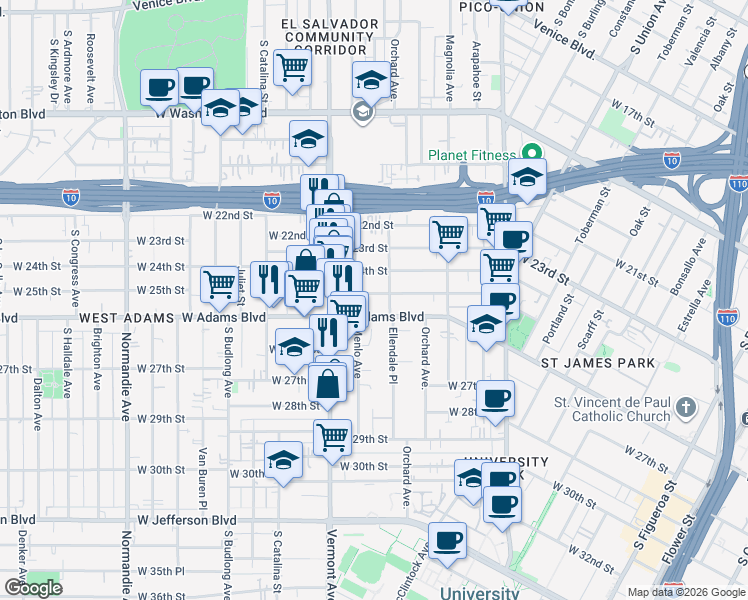 map of restaurants, bars, coffee shops, grocery stores, and more near 1320 West 25th Street in Los Angeles