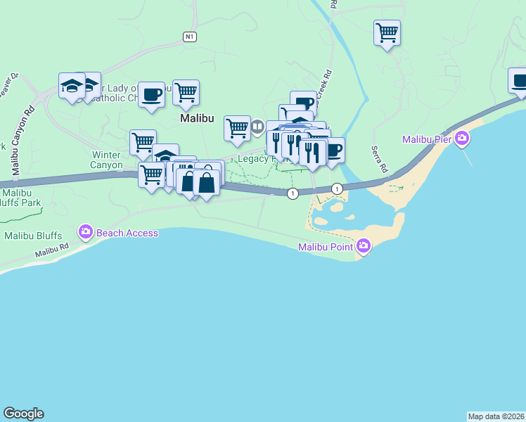 map of restaurants, bars, coffee shops, grocery stores, and more near 119 Malibu Colony Road in Malibu