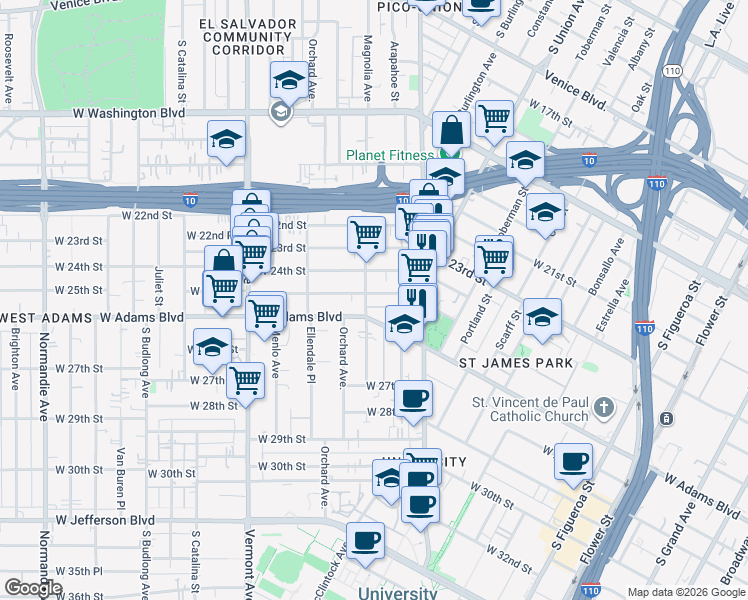 map of restaurants, bars, coffee shops, grocery stores, and more near 1150 West 25th Street in Los Angeles