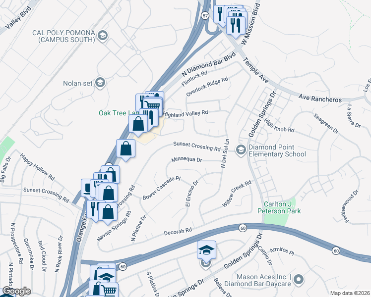 map of restaurants, bars, coffee shops, grocery stores, and more near 23858 Sunset Crossing Road in Diamond Bar