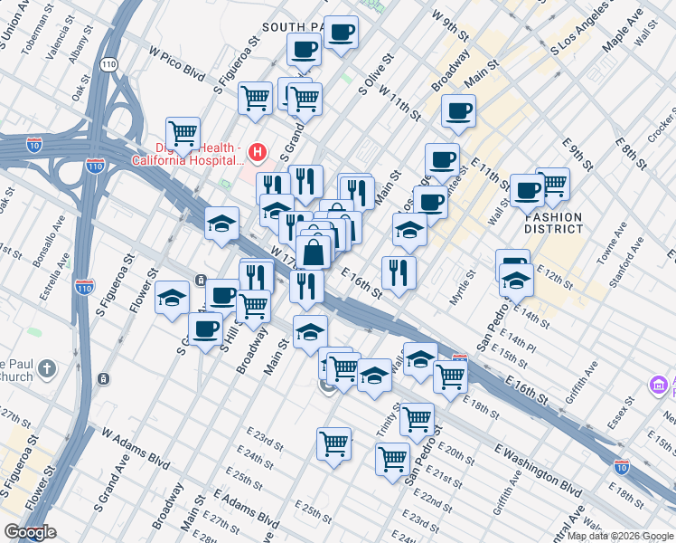 map of restaurants, bars, coffee shops, grocery stores, and more near 1607 South Main Street in Los Angeles