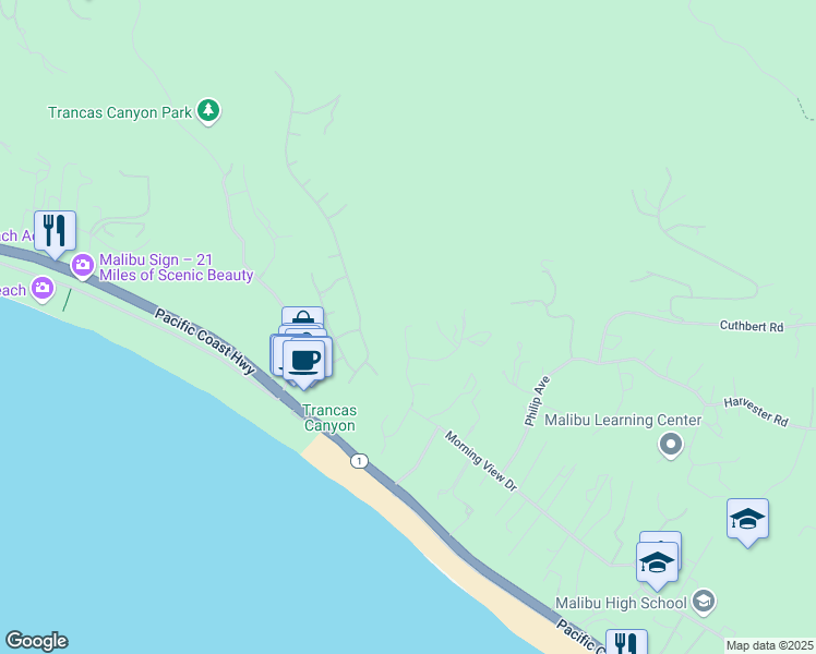 map of restaurants, bars, coffee shops, grocery stores, and more near 6361 Sea Star Drive in Malibu