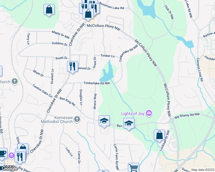 map of restaurants, bars, coffee shops, grocery stores, and more near 1689 Timberlake Road Northwest in Kennesaw