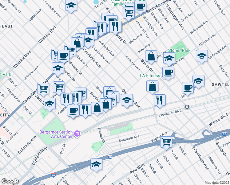 map of restaurants, bars, coffee shops, grocery stores, and more near 1731 Franklin Street in Santa Monica