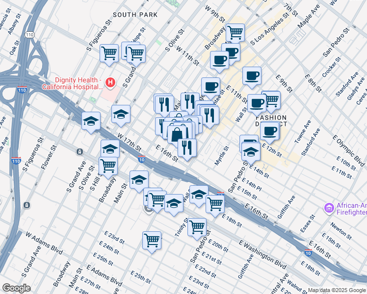 map of restaurants, bars, coffee shops, grocery stores, and more near 1437 Santee Street in Los Angeles