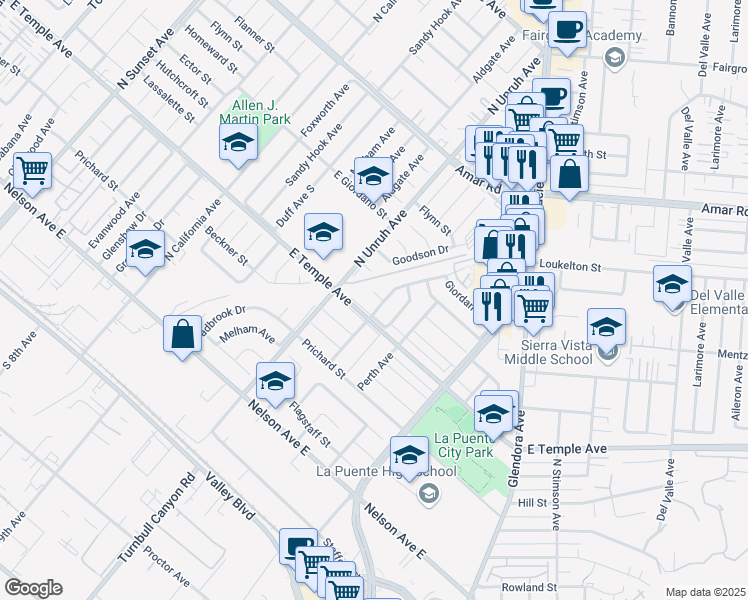 map of restaurants, bars, coffee shops, grocery stores, and more near 15214 Lassalette Street in La Puente