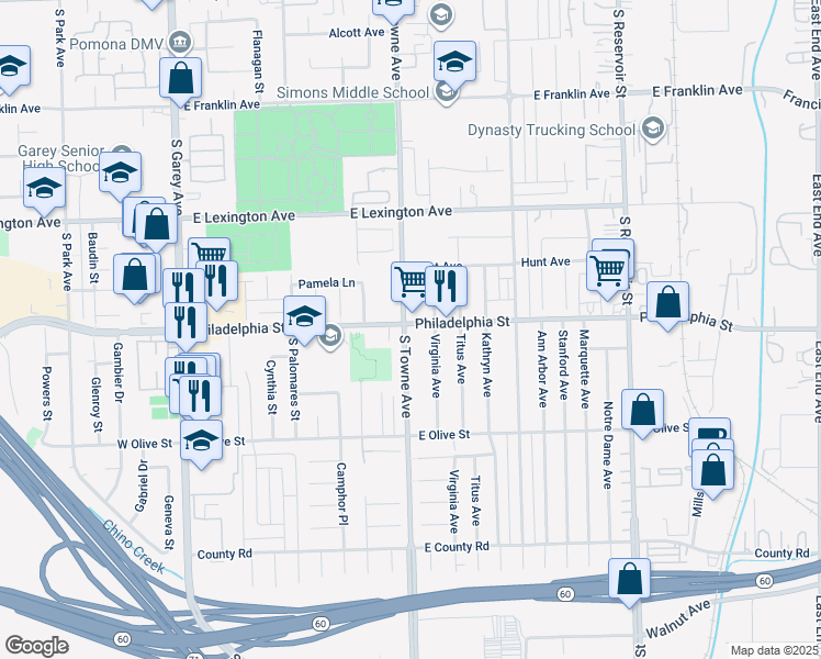 map of restaurants, bars, coffee shops, grocery stores, and more near 804 Philadelphia Street in Pomona