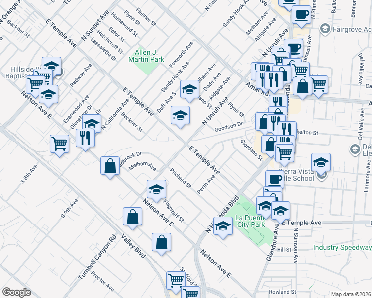map of restaurants, bars, coffee shops, grocery stores, and more near 15210 Temple Avenue in La Puente