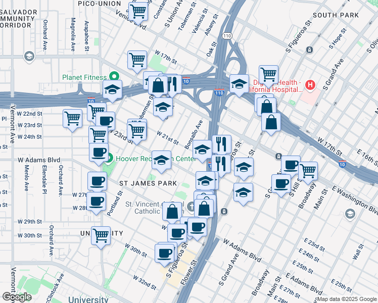 map of restaurants, bars, coffee shops, grocery stores, and more near 514 West 21st Street in Los Angeles